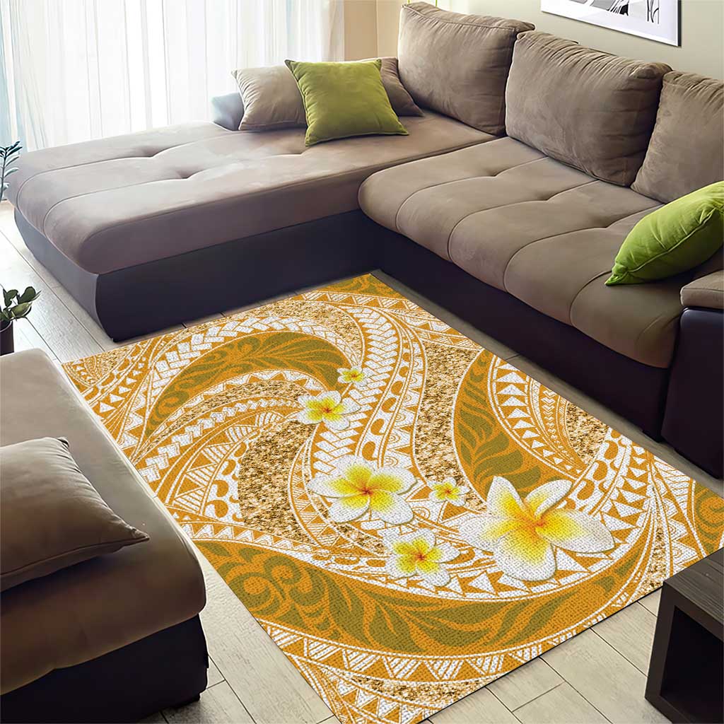 Plumeria Polynesian Gold Glitter Pattern Area Rug