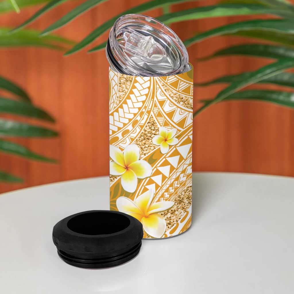 Plumeria Polynesian Gold Glitter Pattern 4 in 1 Can Cooler Tumbler