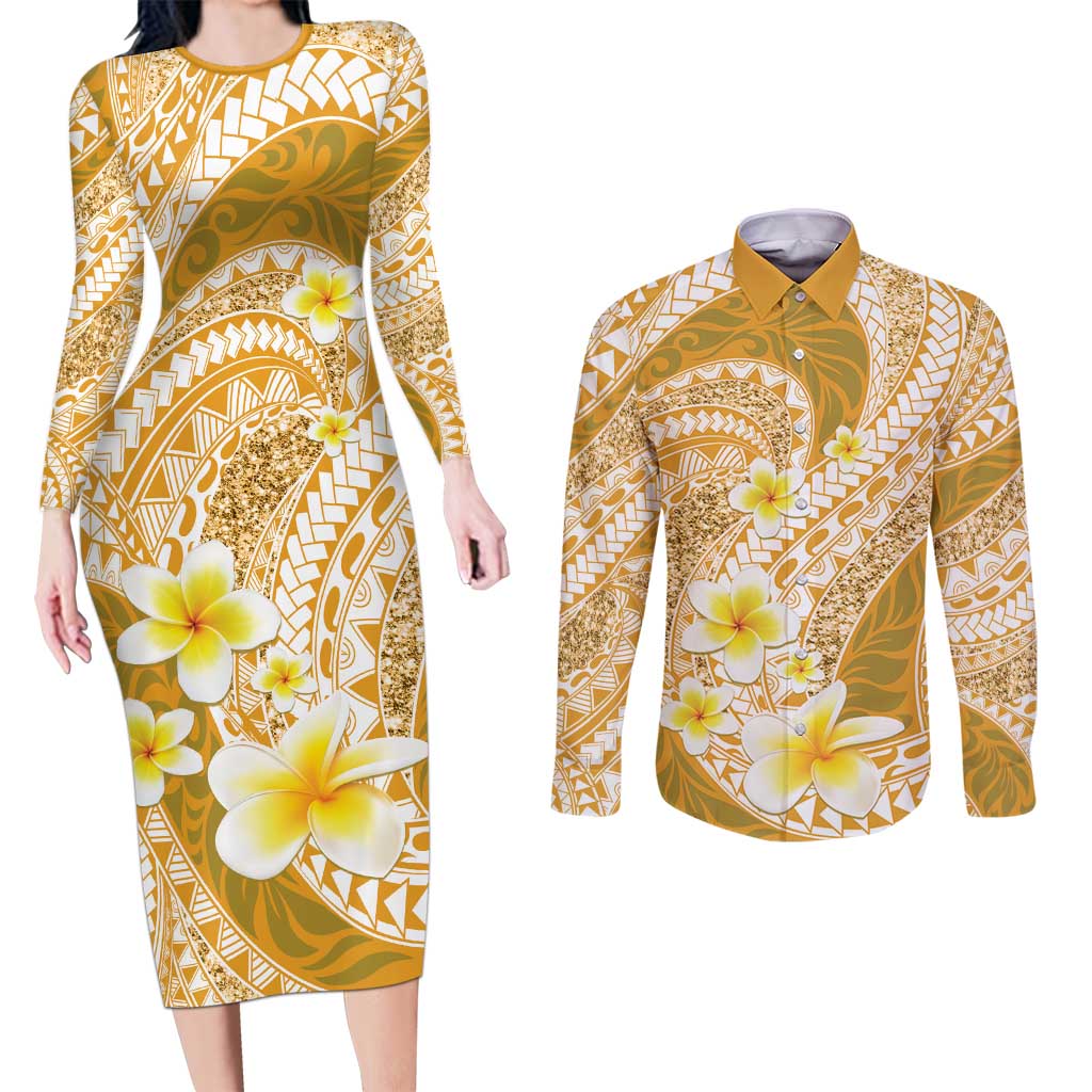 Plumeria Polynesian Gold Glitter Pattern Couples Matching Long Sleeve Bodycon Dress and Long Sleeve Button Shirt