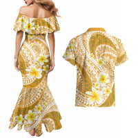 Plumeria Polynesian Gold Glitter Pattern Couples Matching Mermaid Dress and Hawaiian Shirt