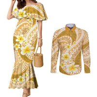 Plumeria Polynesian Gold Glitter Pattern Couples Matching Mermaid Dress and Long Sleeve Button Shirt