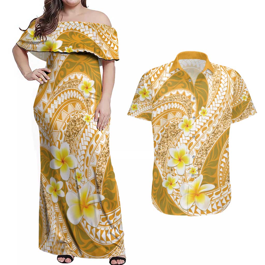 Plumeria Polynesian Gold Glitter Pattern Couples Matching Off Shoulder Maxi Dress and Hawaiian Shirt