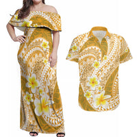 Plumeria Polynesian Gold Glitter Pattern Couples Matching Off Shoulder Maxi Dress and Hawaiian Shirt