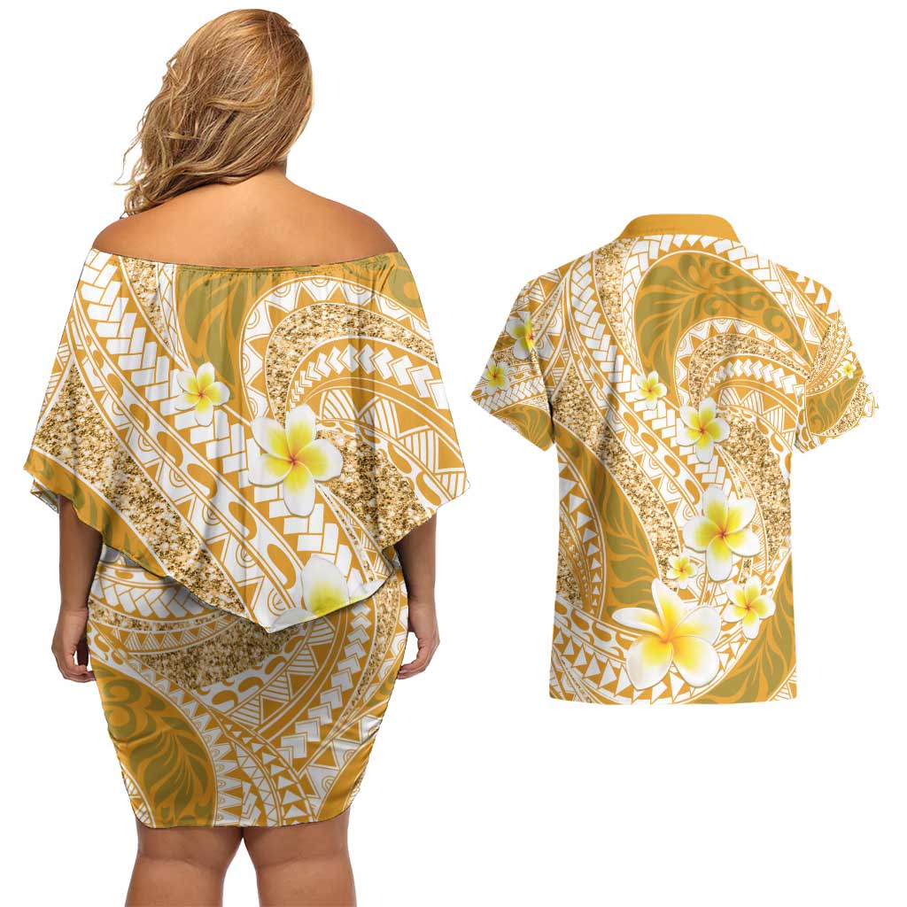 Plumeria Polynesian Gold Glitter Pattern Couples Matching Off Shoulder Short Dress and Hawaiian Shirt