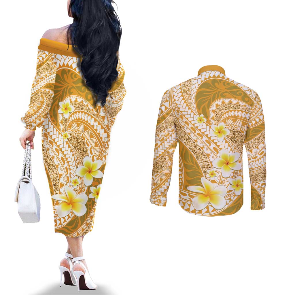 Plumeria Polynesian Gold Glitter Pattern Couples Matching Off The Shoulder Long Sleeve Dress and Long Sleeve Button Shirt
