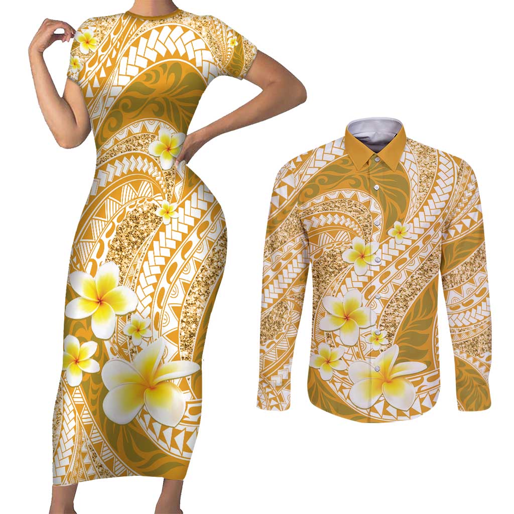 Plumeria Polynesian Gold Glitter Pattern Couples Matching Short Sleeve Bodycon Dress and Long Sleeve Button Shirt