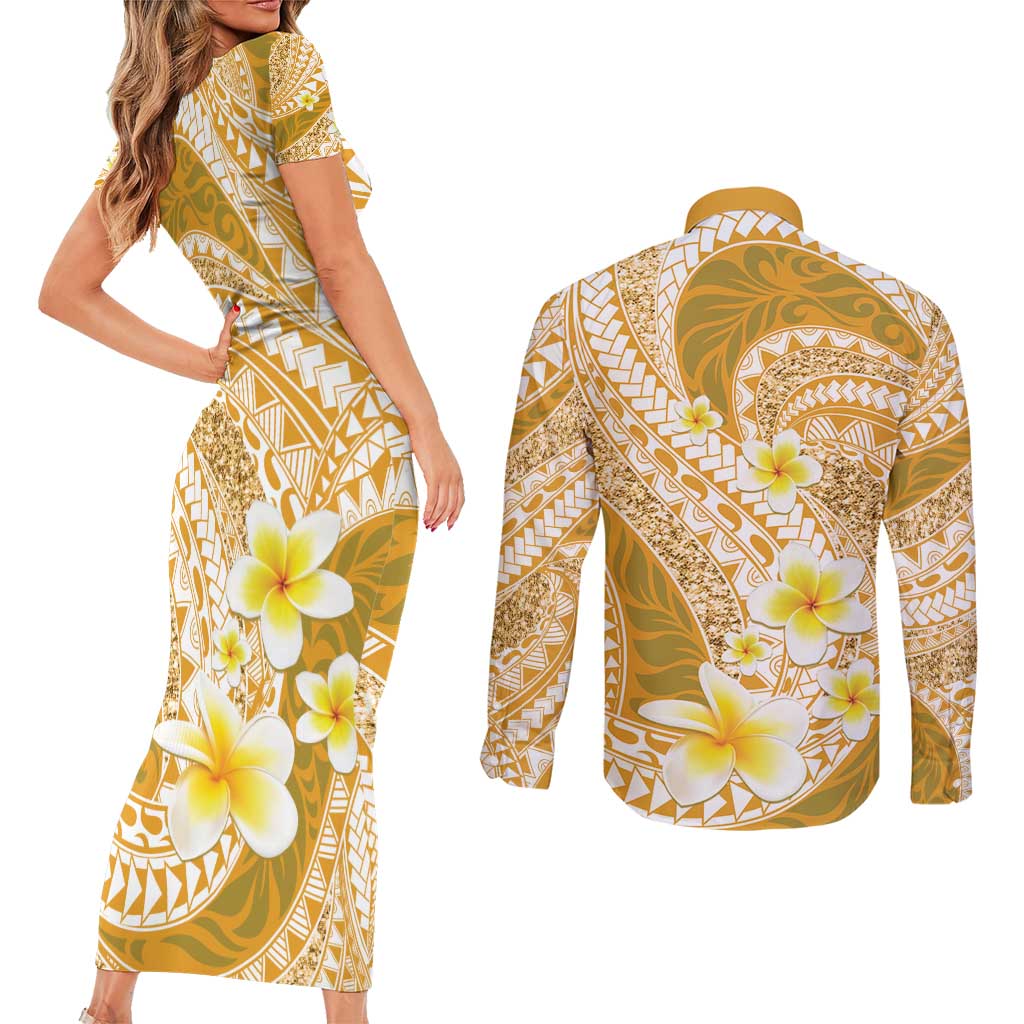 Plumeria Polynesian Gold Glitter Pattern Couples Matching Short Sleeve Bodycon Dress and Long Sleeve Button Shirt
