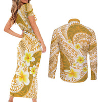 Plumeria Polynesian Gold Glitter Pattern Couples Matching Short Sleeve Bodycon Dress and Long Sleeve Button Shirt