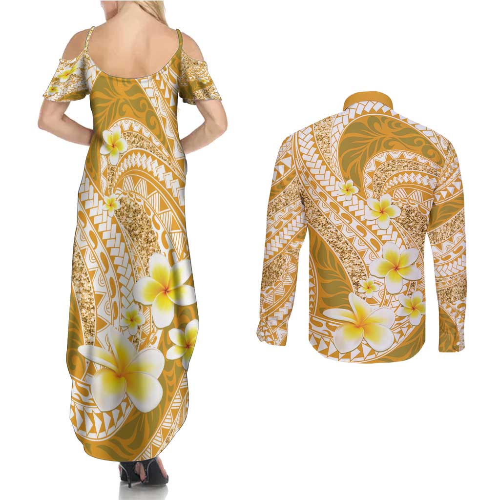 Plumeria Polynesian Gold Glitter Pattern Couples Matching Summer Maxi Dress and Long Sleeve Button Shirt