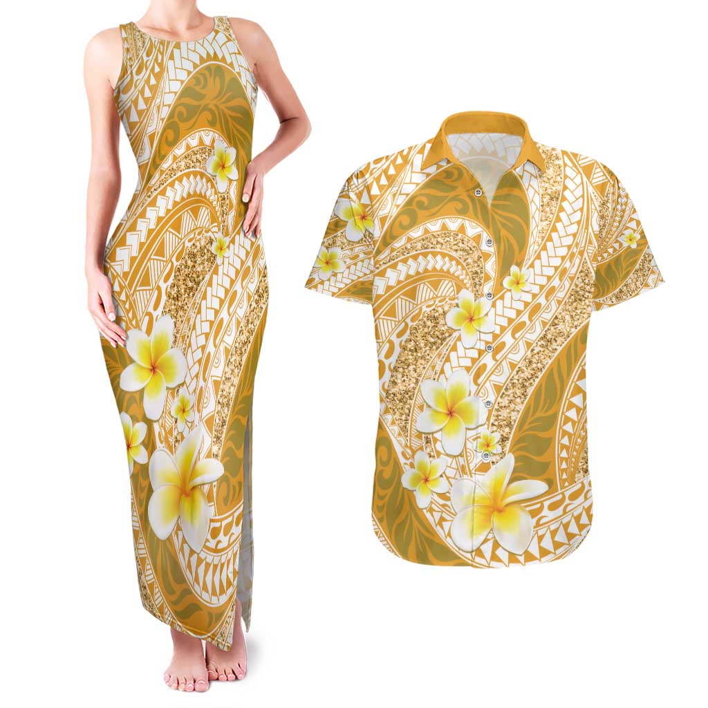 Plumeria Polynesian Gold Glitter Pattern Couples Matching Tank Maxi Dress and Hawaiian Shirt