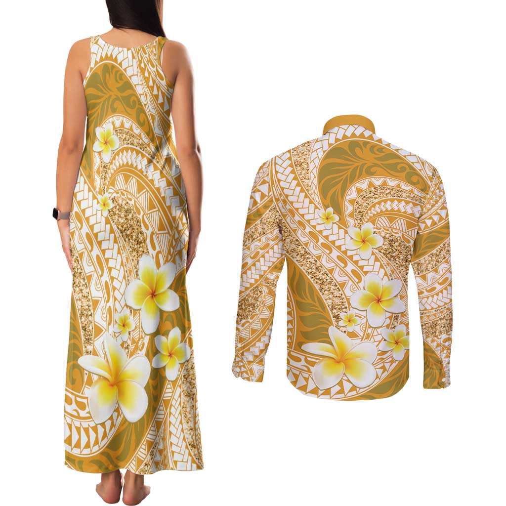 Plumeria Polynesian Gold Glitter Pattern Couples Matching Tank Maxi Dress and Long Sleeve Button Shirt