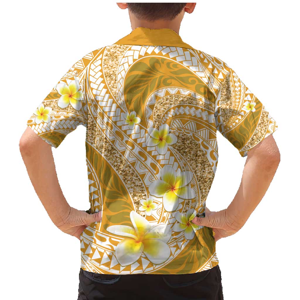 Plumeria Polynesian Gold Glitter Pattern Family Matching Mermaid Dress and Hawaiian Shirt