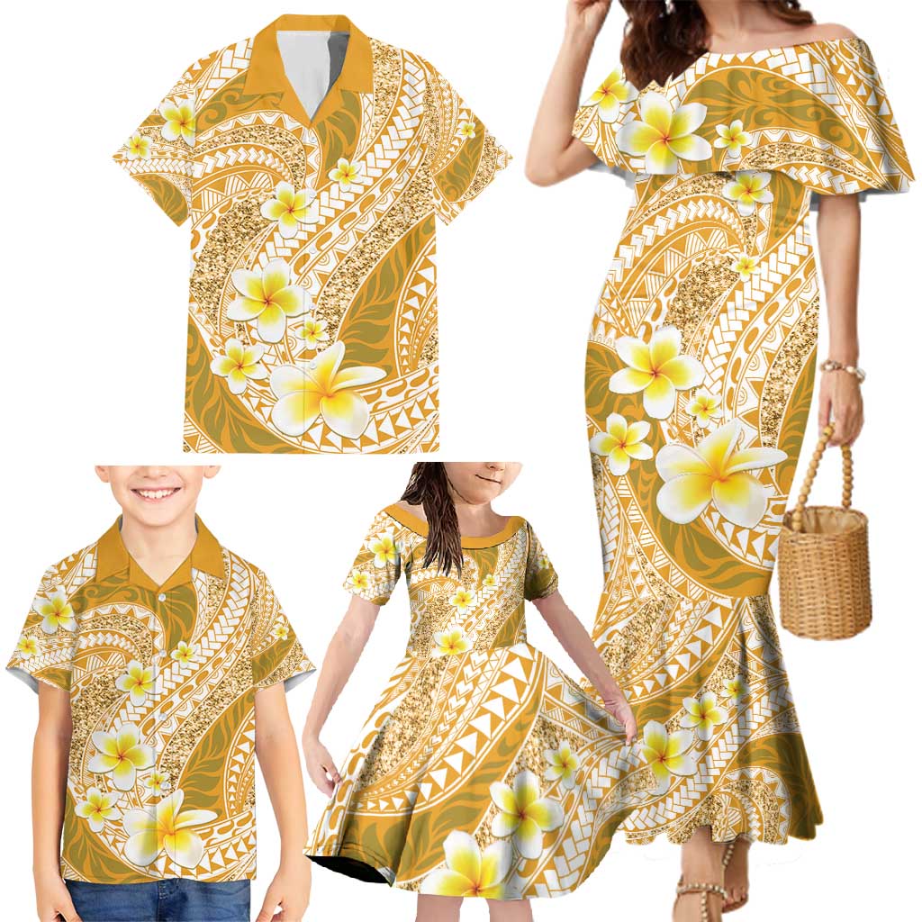 Plumeria Polynesian Gold Glitter Pattern Family Matching Mermaid Dress and Hawaiian Shirt
