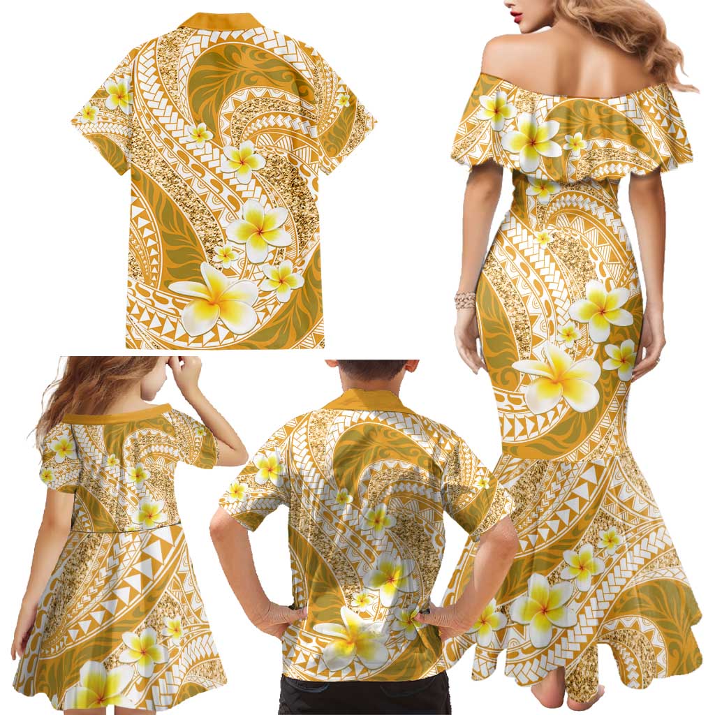 Plumeria Polynesian Gold Glitter Pattern Family Matching Mermaid Dress and Hawaiian Shirt