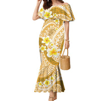 Plumeria Polynesian Gold Glitter Pattern Family Matching Mermaid Dress and Hawaiian Shirt