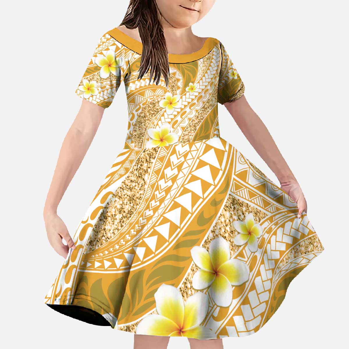 Plumeria Polynesian Gold Glitter Pattern Family Matching Off The Shoulder Long Sleeve Dress and Hawaiian Shirt