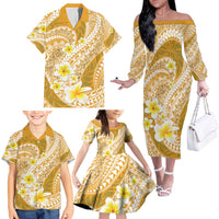 Plumeria Polynesian Gold Glitter Pattern Family Matching Off The Shoulder Long Sleeve Dress and Hawaiian Shirt