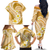 Plumeria Polynesian Gold Glitter Pattern Family Matching Off The Shoulder Long Sleeve Dress and Hawaiian Shirt