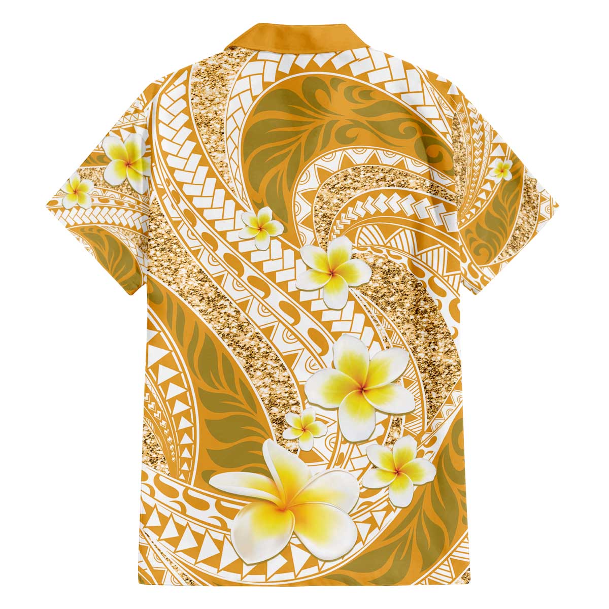 Plumeria Polynesian Gold Glitter Pattern Family Matching Off The Shoulder Long Sleeve Dress and Hawaiian Shirt