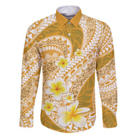 Plumeria Polynesian Gold Glitter Pattern Family Matching Off The Shoulder Long Sleeve Dress and Hawaiian Shirt