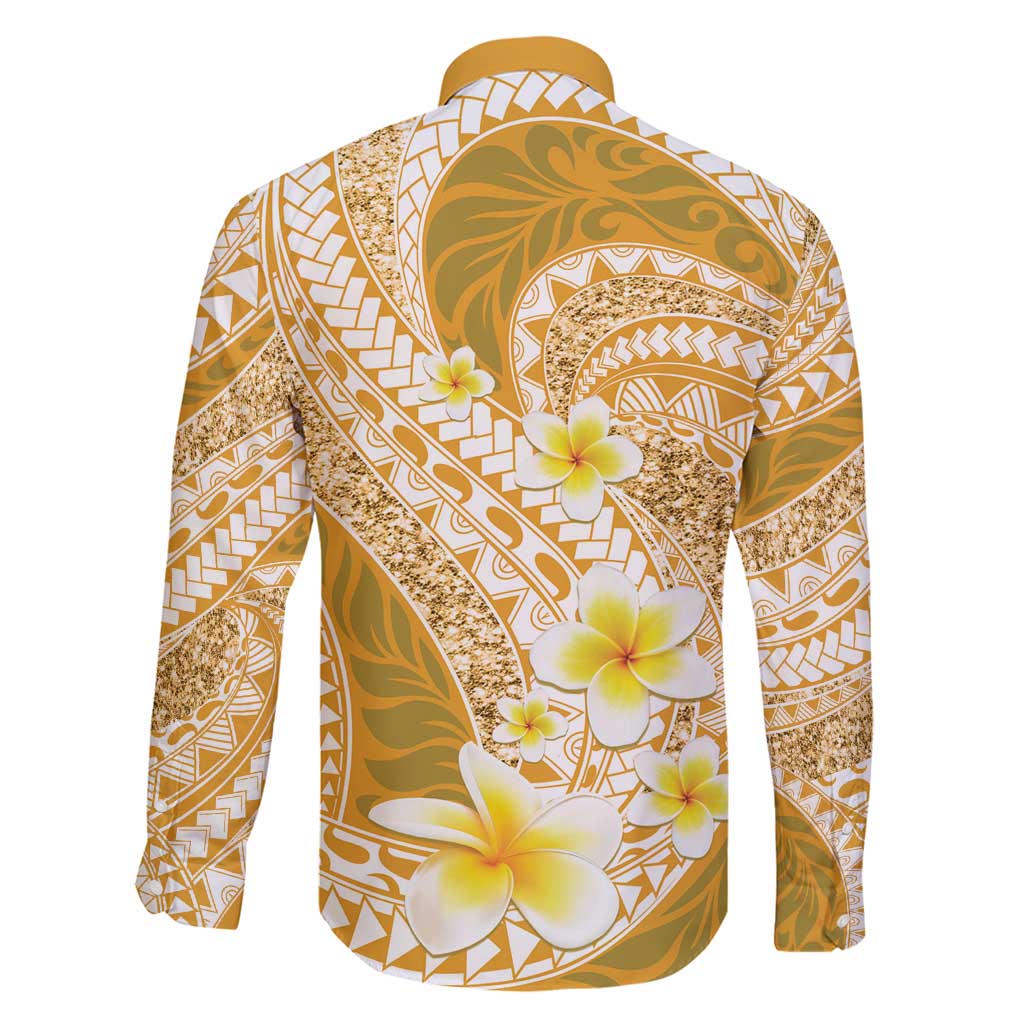 Plumeria Polynesian Gold Glitter Pattern Family Matching Off Shoulder Maxi Dress and Hawaiian Shirt