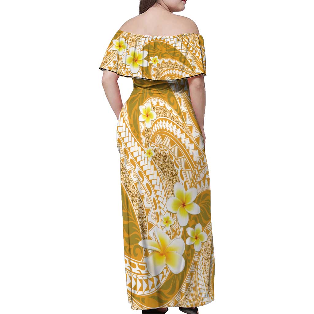 Plumeria Polynesian Gold Glitter Pattern Family Matching Off Shoulder Maxi Dress and Hawaiian Shirt