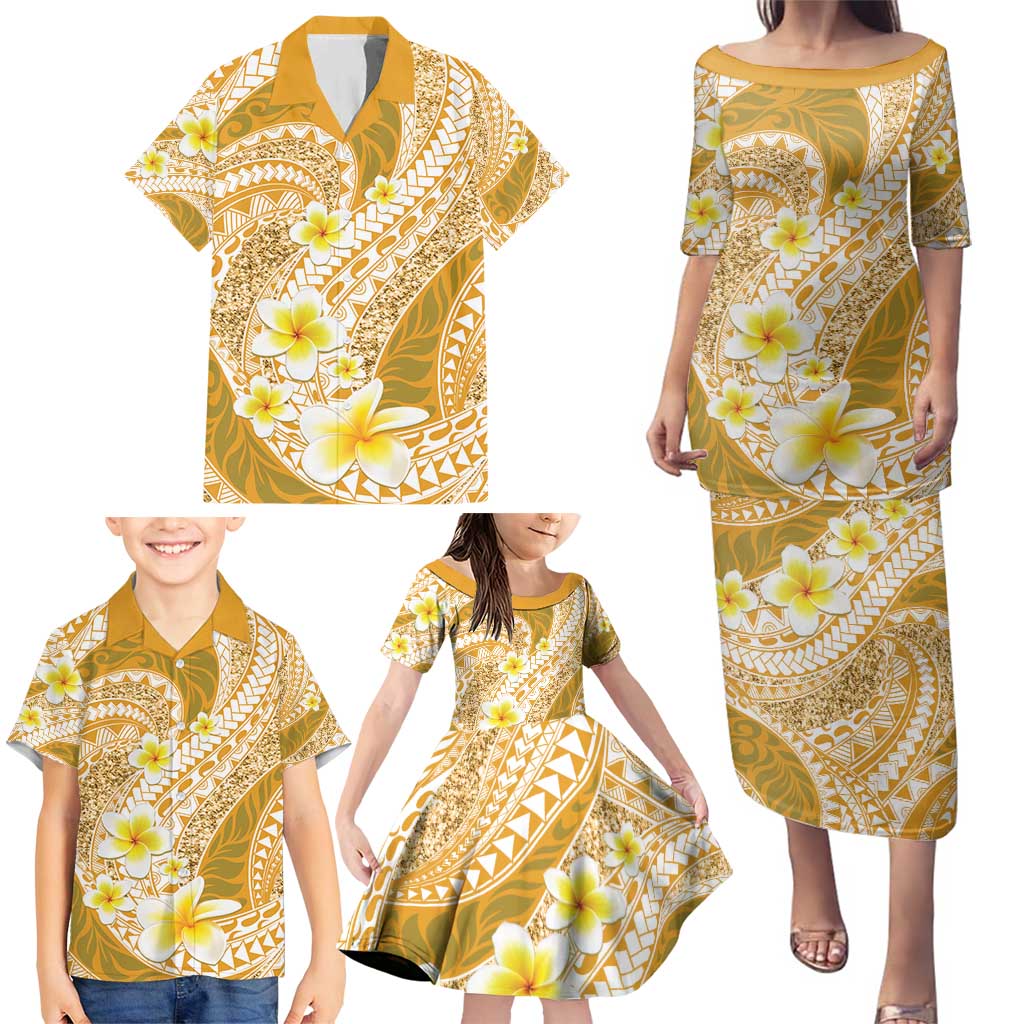 Plumeria Polynesian Gold Glitter Pattern Family Matching Puletasi and Hawaiian Shirt