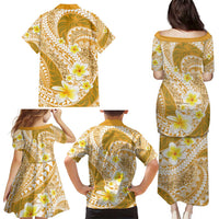 Plumeria Polynesian Gold Glitter Pattern Family Matching Puletasi and Hawaiian Shirt