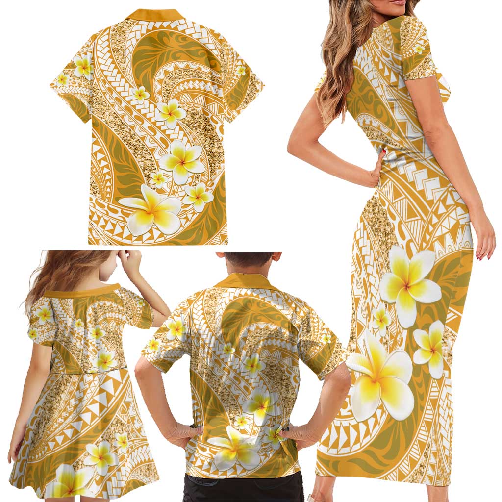Plumeria Polynesian Gold Glitter Pattern Family Matching Short Sleeve Bodycon Dress and Hawaiian Shirt