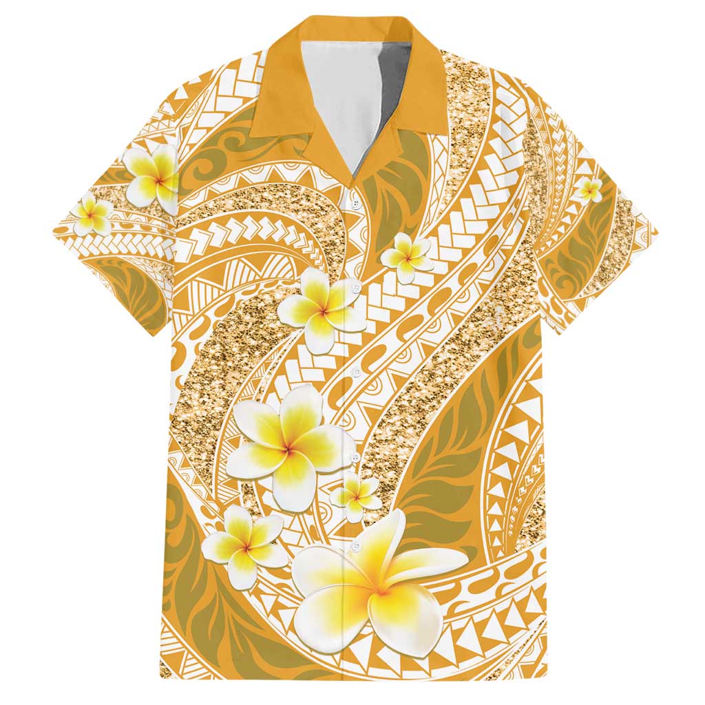 Plumeria Polynesian Gold Glitter Pattern Family Matching Short Sleeve Bodycon Dress and Hawaiian Shirt