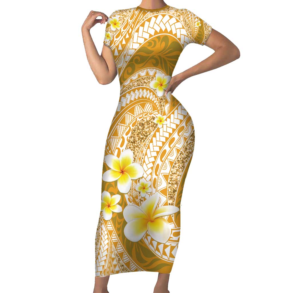 Plumeria Polynesian Gold Glitter Pattern Family Matching Short Sleeve Bodycon Dress and Hawaiian Shirt