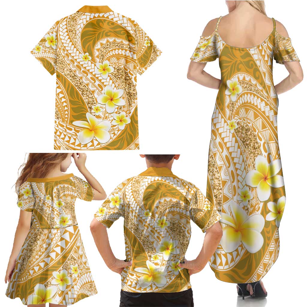 Plumeria Polynesian Gold Glitter Pattern Family Matching Summer Maxi Dress and Hawaiian Shirt