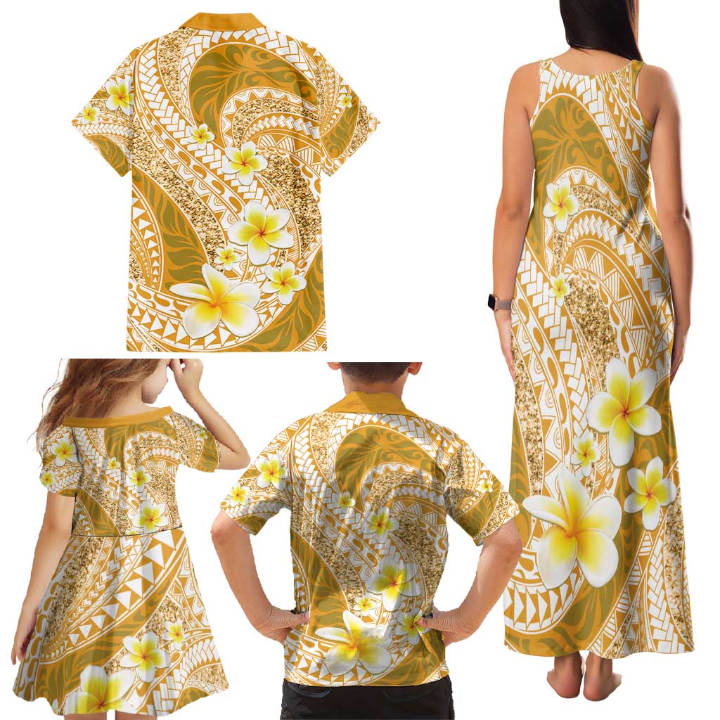Plumeria Polynesian Gold Glitter Pattern Family Matching Tank Maxi Dress and Hawaiian Shirt