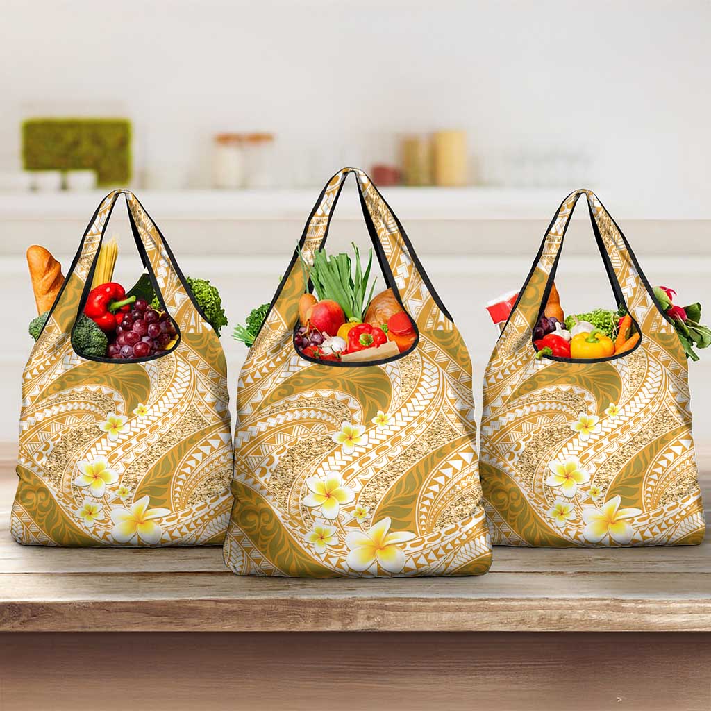 Plumeria Polynesian Gold Glitter Pattern Grocery Bag