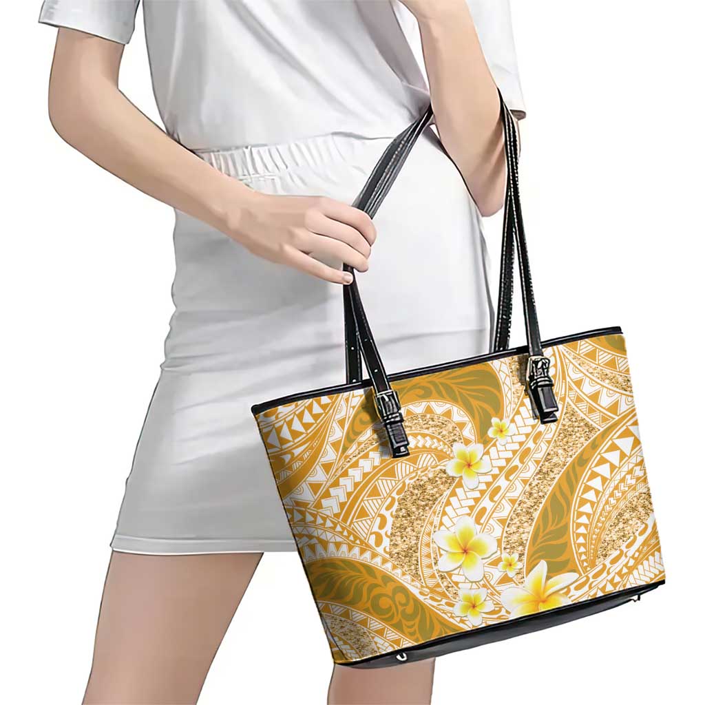 Plumeria Polynesian Gold Glitter Pattern Leather Tote Bag