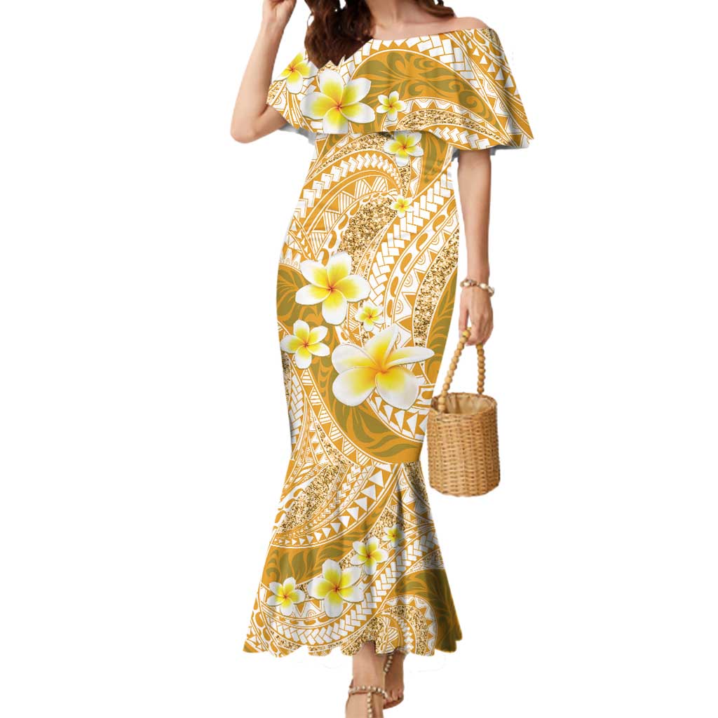 Plumeria Polynesian Gold Glitter Pattern Mermaid Dress LT01 Women Gold - Polynesian Pride