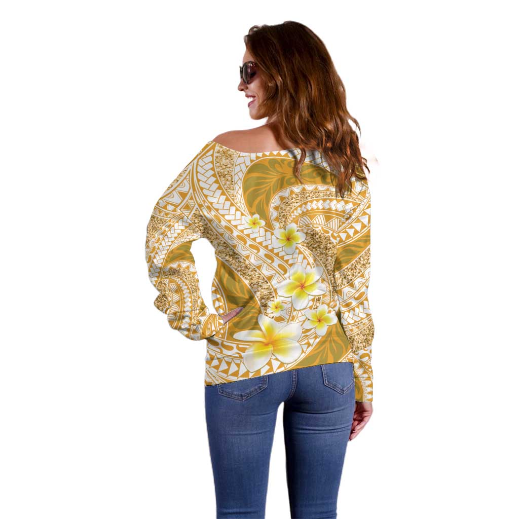 Plumeria Polynesian Gold Glitter Pattern Off Shoulder Sweater