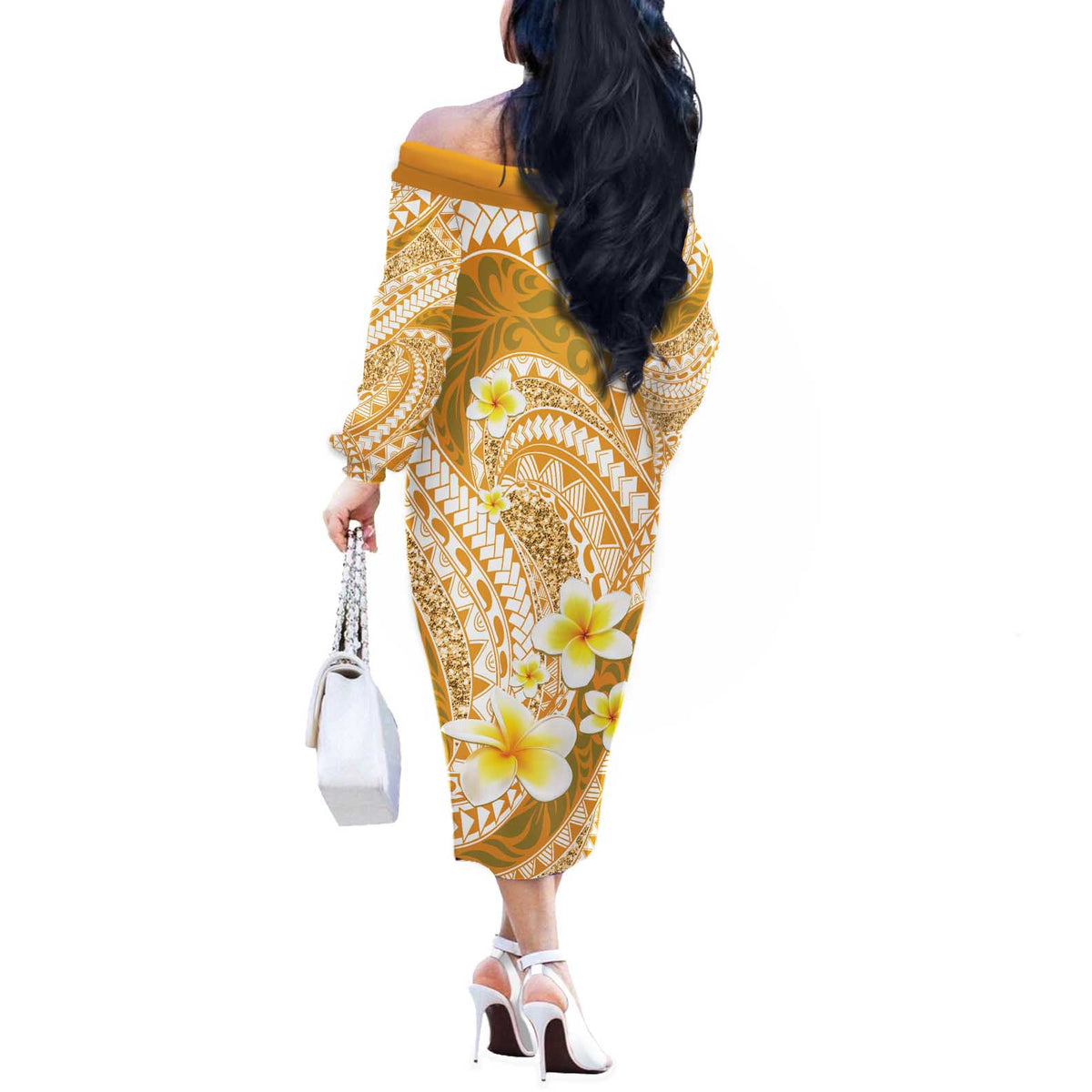 Plumeria Polynesian Gold Glitter Pattern Off The Shoulder Long Sleeve Dress