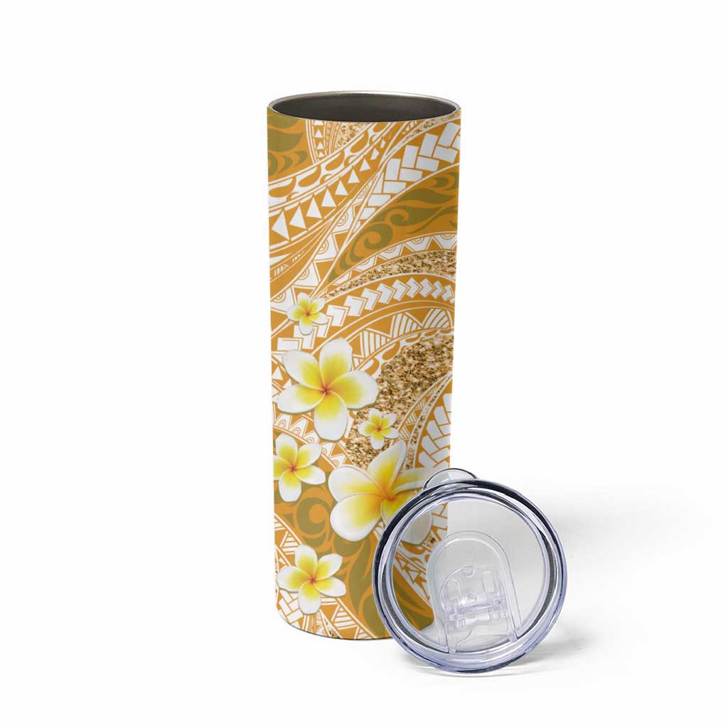Plumeria Polynesian Gold Glitter Pattern Skinny Tumbler
