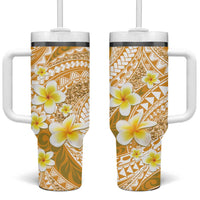 Plumeria Polynesian Gold Glitter Pattern Tumbler With Handle