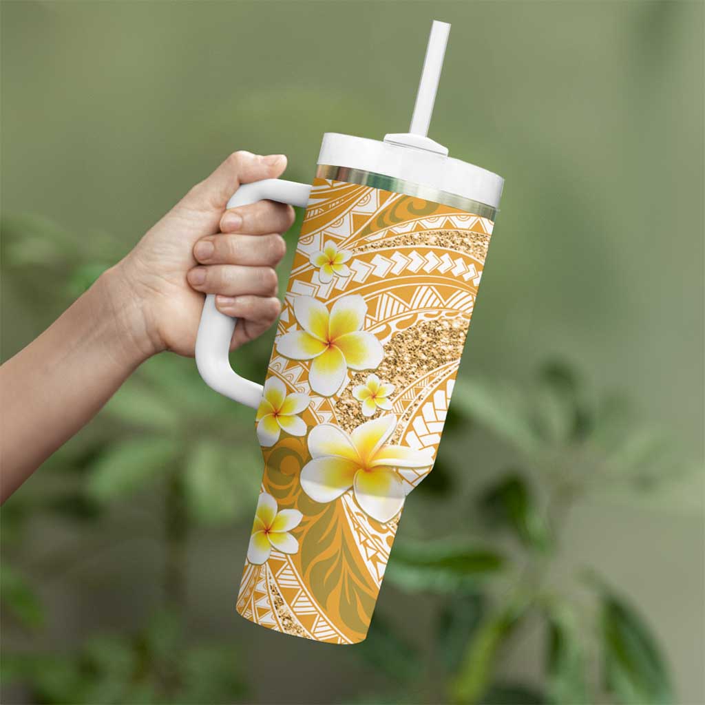 Plumeria Polynesian Gold Glitter Pattern Tumbler With Handle