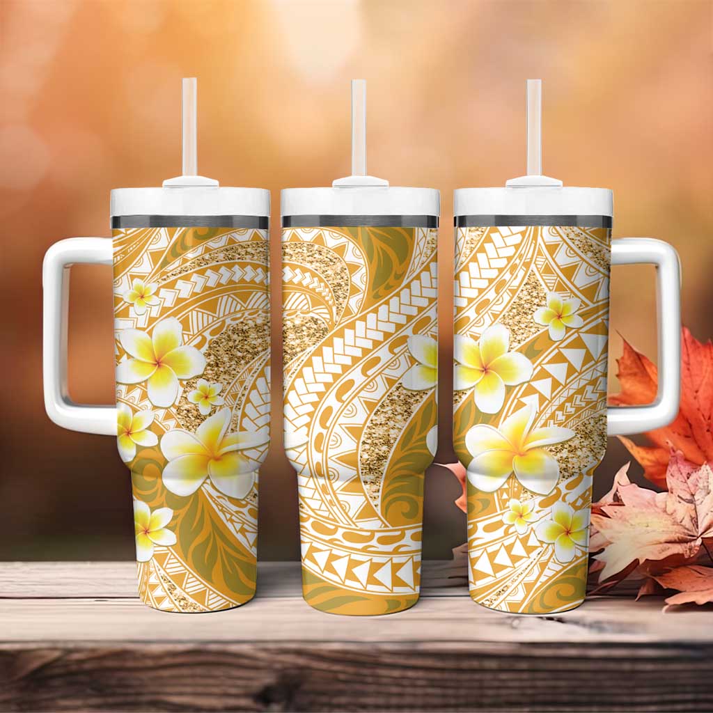 Plumeria Polynesian Gold Glitter Pattern Tumbler With Handle