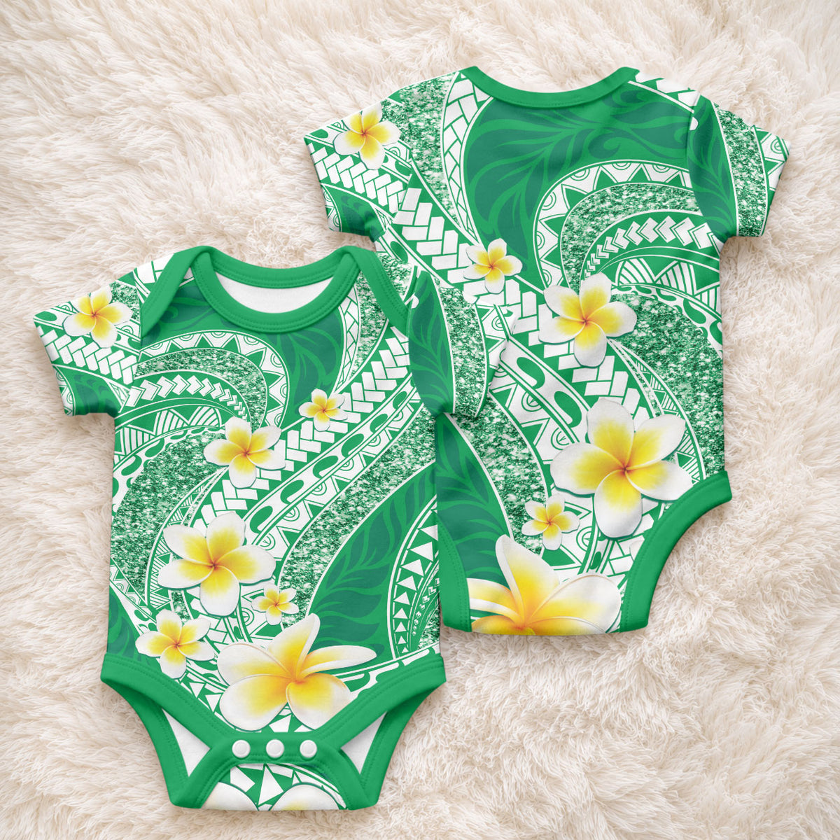 Plumeria Polynesian Green Glitter Pattern Baby Onesie LT01 - Polynesian Pride
