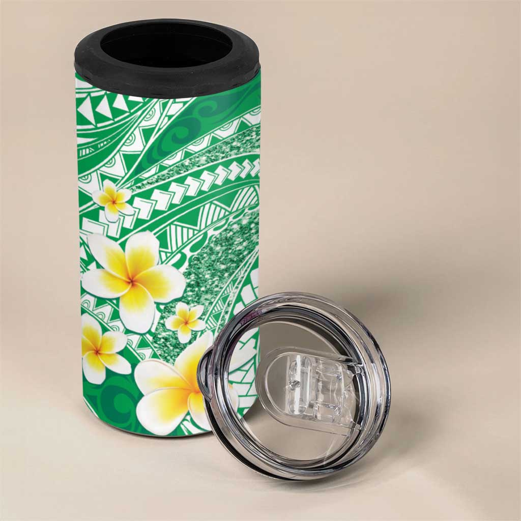 Plumeria Polynesian Green Glitter Pattern 4 in 1 Can Cooler Tumbler