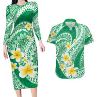 Plumeria Polynesian Green Glitter Pattern Couples Matching Long Sleeve Bodycon Dress and Hawaiian Shirt