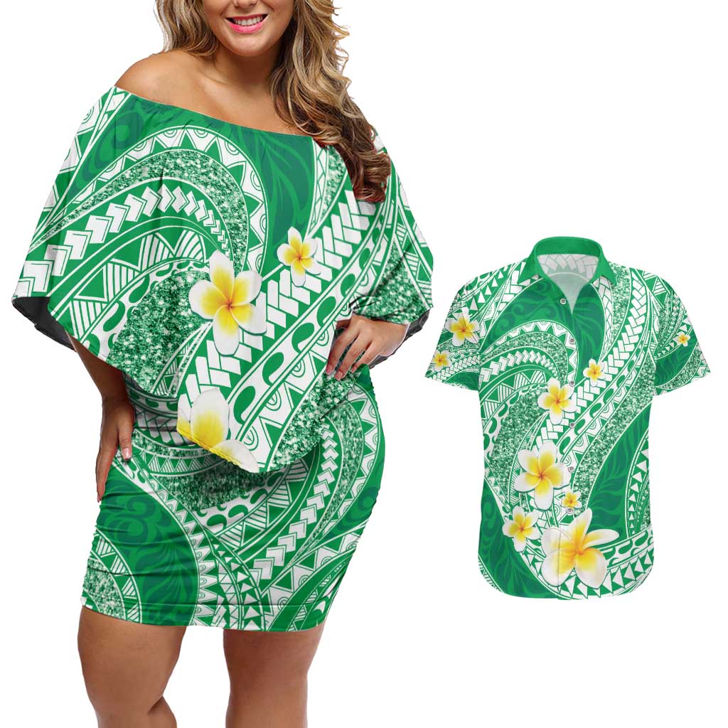 Plumeria Polynesian Green Glitter Pattern Couples Matching Off Shoulder Short Dress and Hawaiian Shirt