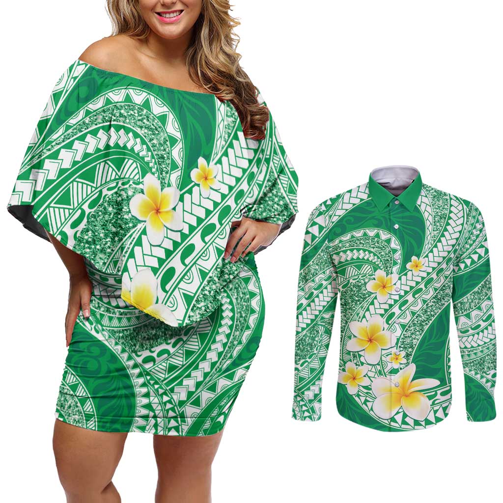 Plumeria Polynesian Green Glitter Pattern Couples Matching Off Shoulder Short Dress and Long Sleeve Button Shirt