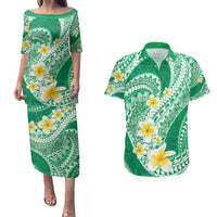 Plumeria Polynesian Green Glitter Pattern Couples Matching Puletasi and Hawaiian Shirt