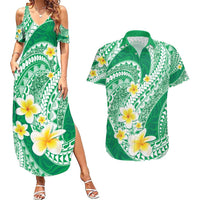 Plumeria Polynesian Green Glitter Pattern Couples Matching Summer Maxi Dress and Hawaiian Shirt