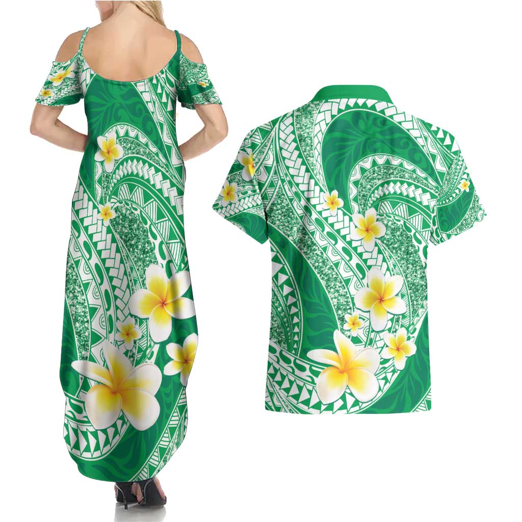 Plumeria Polynesian Green Glitter Pattern Couples Matching Summer Maxi Dress and Hawaiian Shirt